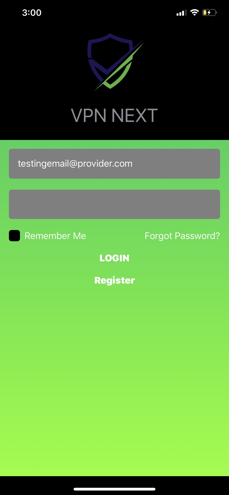 NPVVPN app UI (iOS): VPN Registration.